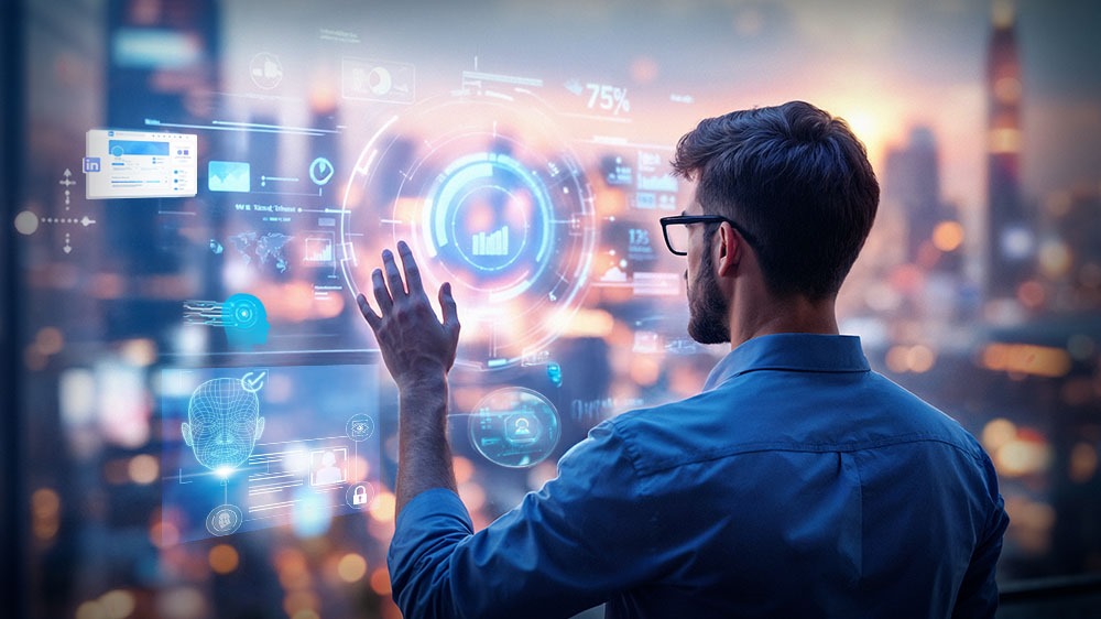 Análisis avanzado de datos para la toma de decisiones estratégicas Profesional interactuando con panel digital de datos en entorno urbano futurista
