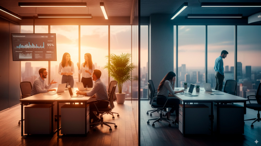 Oficina dividida con equipos de trabajo analizando datos de talento.