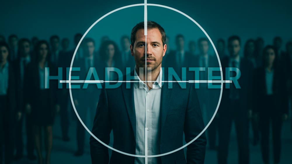 Headhunter enfocando al candidato ideal entre ejecutivos, símbolo de selección y reclutamiento especializado para CEOs.