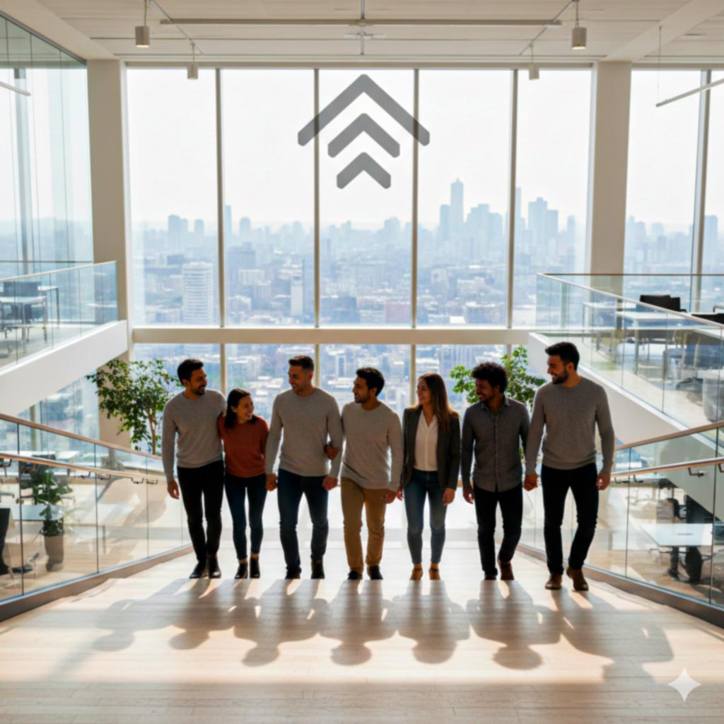 Grupo de profesionales caminando juntos en oficina moderna.